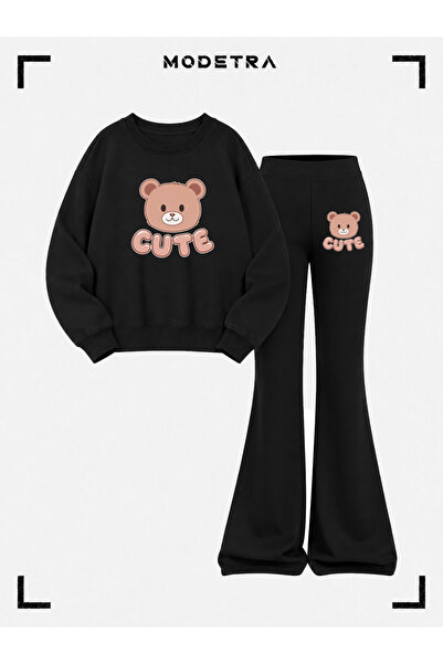 Modetra Girl's Cute Teddy Bear Printed 2-Piece Black Cotton Winter Crew Neck ...