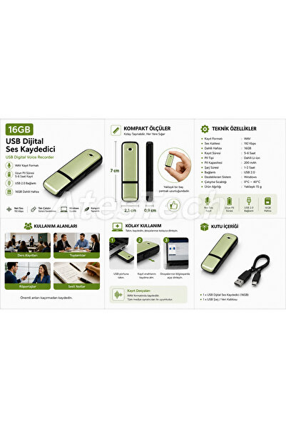 AteşTech 16GB USB Dijital Ses Kaydedici – Şarjlı Taşınabilir Kayıt Cihazı - 10-12 Saat Kayıt