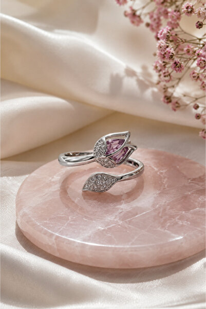 Sylvera Shop Special Design Ring with Tulip Branch and Pink Stones - Adjustab...