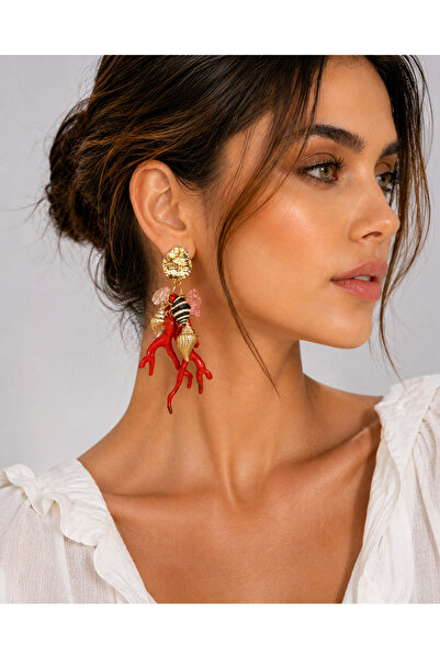 POYASE Coral Sea Shell Figured Dangle Earrings with Special Glass Stone Detai...
