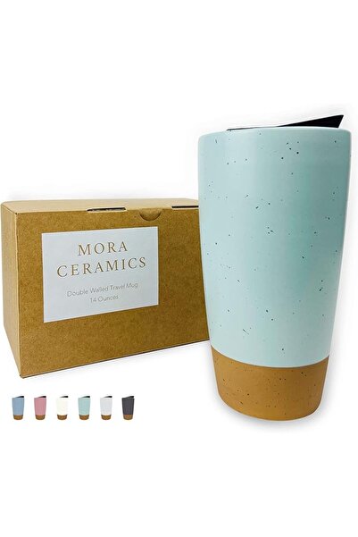 Moralia Mora Double Wall Ceramic Coffee Travel Mug with Lid, 14 oz, Portable,...