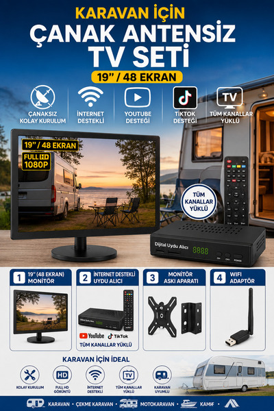 Poke Karavan İçin Çanaksız TV Seti 19'' 48 Ekran Full HD 1080P İnternet Deste...