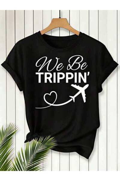23ERVA Travel, Women's We Be Trippin' With Plane And Heart Design, Pure Cotto...