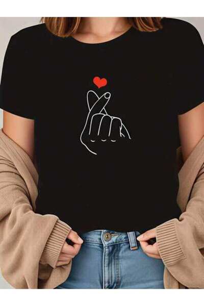 23ERVA Love Hand Sign, Women's Heart Gesture Design, Pure Cotton T-Shirt, Cas...
