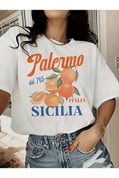 23ERVA Palermo Sicilia, Women's Orange Fruit Text Design, Pure Cotton T-Shirt...