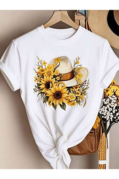 23ERVA Sunflower, Women's Floral Hat Design, Pure Cotton T-Shirt, Spring Summ...