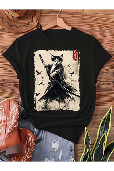 23ERVA Samurai, Women's Japanese Warrior Cat Design, Pure Cotton T-Shirt, Cas...