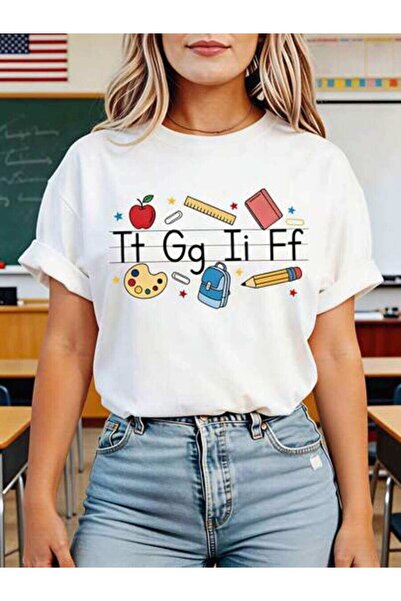 23ERVA Summer Outfit Women, Alphabet School Supplies Funny Vintage T-Shirt, L...