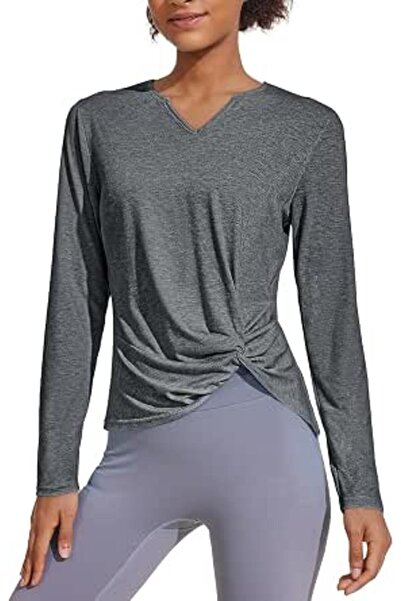 GENERAL PINSPARK Womens Long Sleeve Shirts Workout Tops V Neck Twist Front Hi...