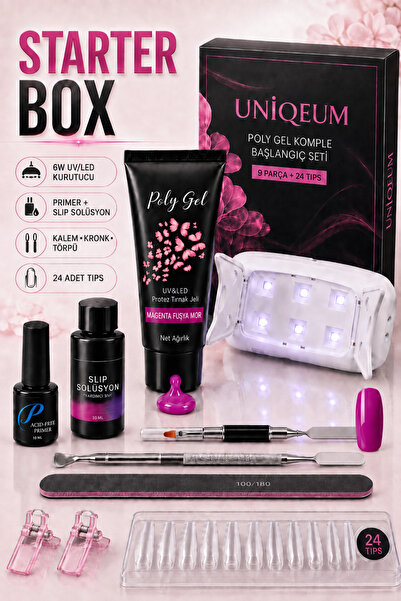 Uniquem Poly Gel Tırnak Uzatma Jel Fuşya Mor Oje Starter Box 9 Parça + 24 Tips Seti Uv Led Full Paket