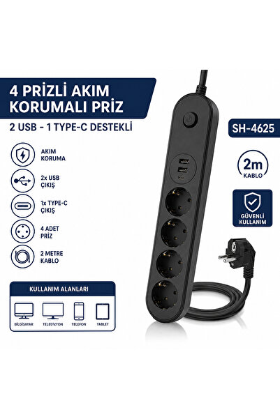 AŞIK STORE SH-4625 4’lü Topraklı Akım Korumalı Çoklu Priz 2 USB 1 Type-C Çıkı...