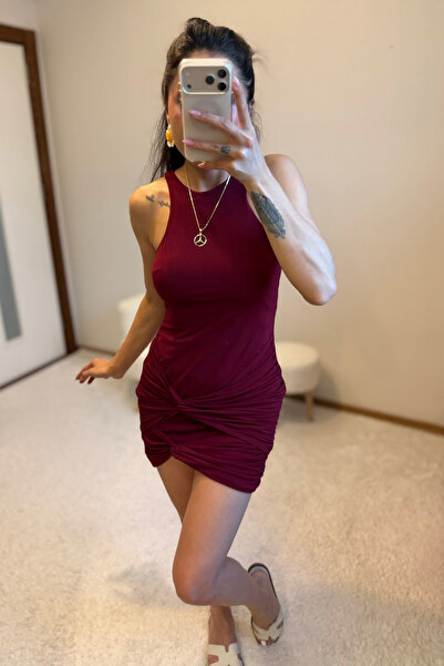 MoyStore Knot Detail Mini Dress Burgundy