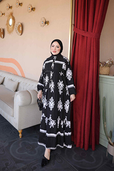 İmajButik Μαύρο φόρεμα βισκόζης με μισά μανίκια με κουμπιά και ελαστική φούστ...