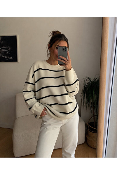 oneoff Kadın Çizgili Balıkçı Yaka Oversize Triko Kazak Uzun Kollu Salaş Model