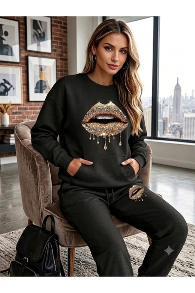 WOODROFFE Women's Lip Print Crew Neck Tracksuit Set Oversize