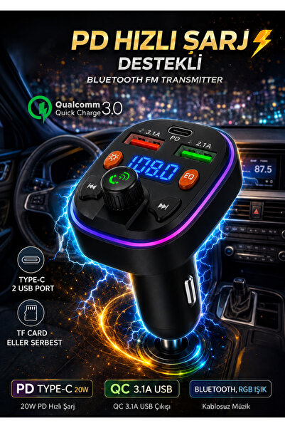 ERVAS HOME TY-738 RGB IŞIKLI BLUETOOTH MP3 ÇALAR ARAÇ CİHAZI FM TRANSMİTTER A...
