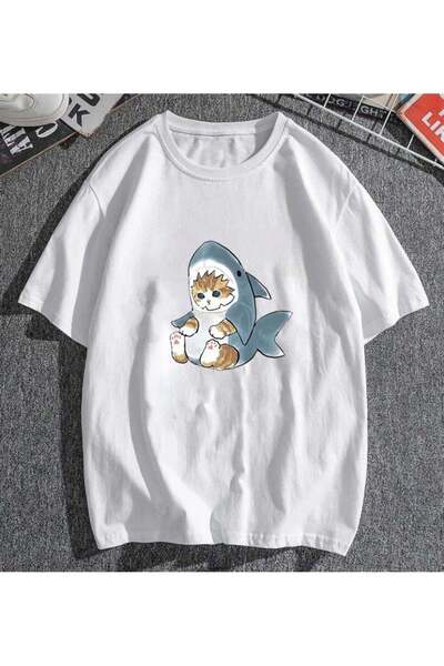 DEEFWEAR Mi̇ngalondon Shark Cat White Unisex Oversize T-Shirt