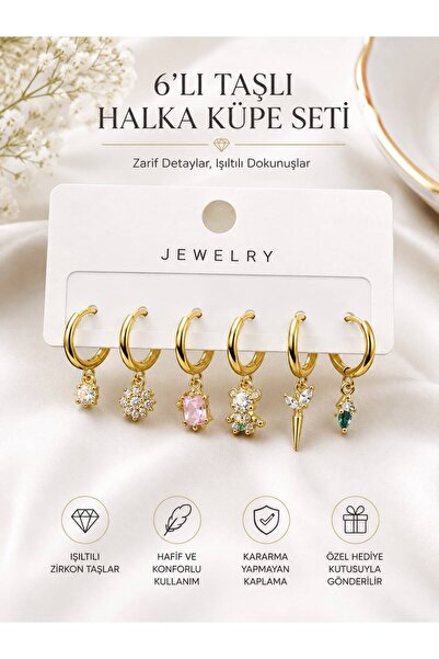 Mervişim Aksesuar 6-Piece Zircon Stone Anti-Tarnish Steel Premium Elegant Sty...