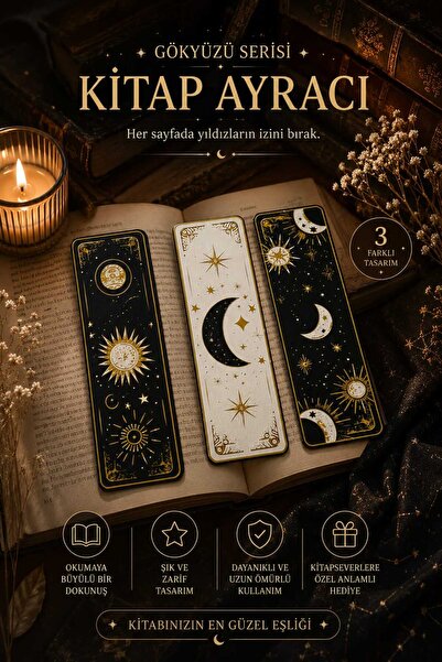 3'lü Gökyüzü Serisi Kitap Ayracı Seti | Ay Yıldız Güneş Temalı Dekoratif Kitap Ayracı
