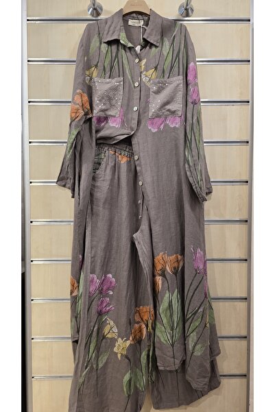 Park Moda Italian Linen Set Long Tunic Shirt Pants with Sequin Detail