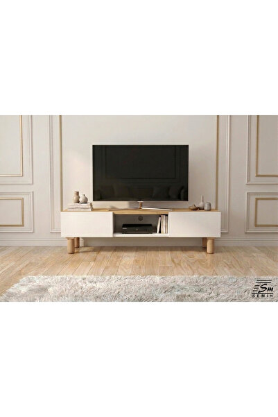 SEMİH MOBİLYA 200 Cm Beyaz MDF TV Ünitesi – Safir Meşe Detaylı Modern Salon D...