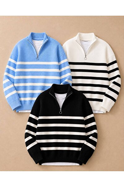 threeoff Men's 3-Piece Set Half-Zipper Striped Knitwear Sweater Oversize Model