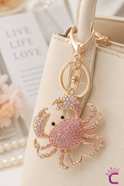 Cinderella Breloc ornament pentru geantă din metal auriu cu piatră roz Crab S...
