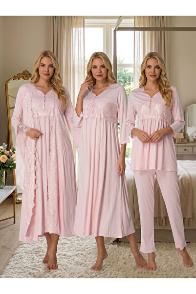 Lohussa New Season Pink Buttoned Elegant Lace Detailed Design 100% Cotton Mat...