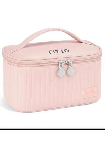 fitto حقيبة مكياج وردية، حقيبة مستحضرات تجميل كبيرة السعة للسفر، منظم أدوات ا...