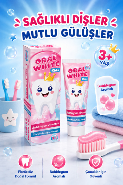 Oral White Kids Çocuk Diş Macunu 3+ Yaş Bubblegum Aromalı Florürsüz Doğal For...