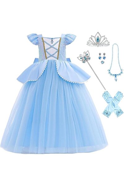 Generic Girls Dress Costume for Kids Girls Princess Blue Dress Up with Free A...
