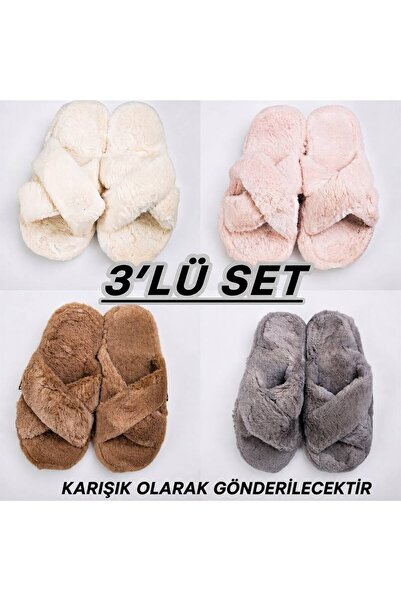 FEMME FATALE Pri̇ncess Cross Plush Women's Home Slippers - Set of 3