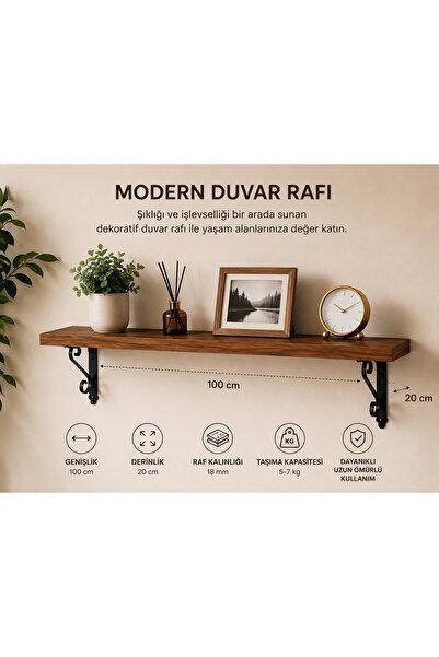 Genel Markalar Dekoratif Duvar Rafı – Ceviz Renk, Metal Ayaklı, 100×20 cm