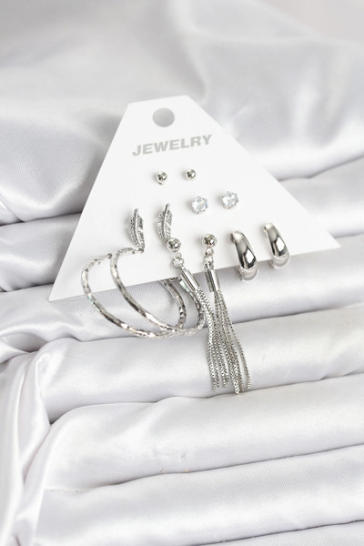 SORA GROUP Silver Color Brass 6 Pairs Women's Earrings Set