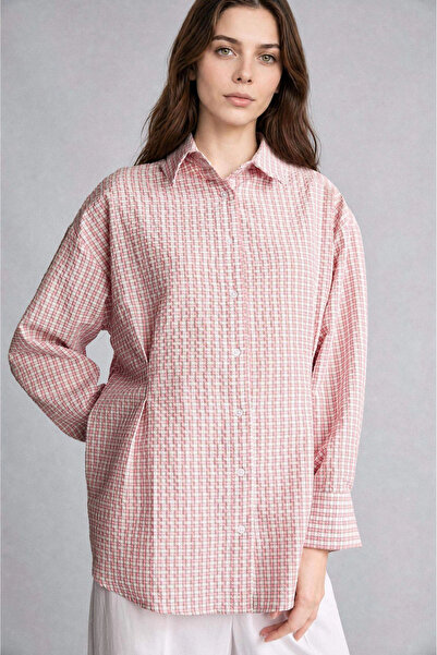 DeFacto H9357Axpn634 Pink Regular Fit Checkered Wrinkled Textured Fabric Long...