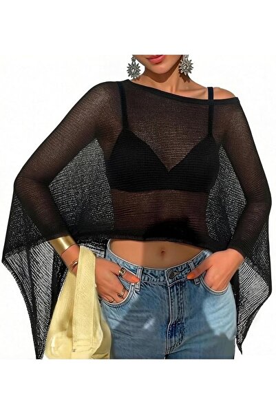 GENERAL Women Sheer Poncho Top Lightweight Knit Crochet Shrug Bolero Mesh Bat...