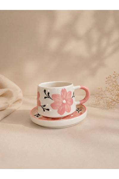 pembe çiçek desenli el yapımı seramik çay/kahve fincanı 200ml