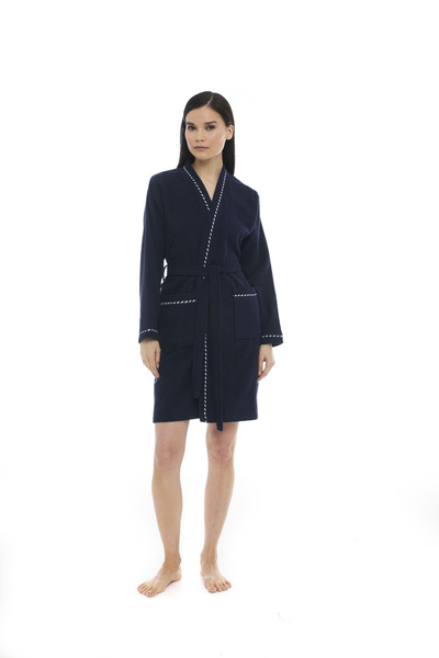 Seritaine Athena kimono women's mini bathrobe - navy blue - ribbed 100% cotton