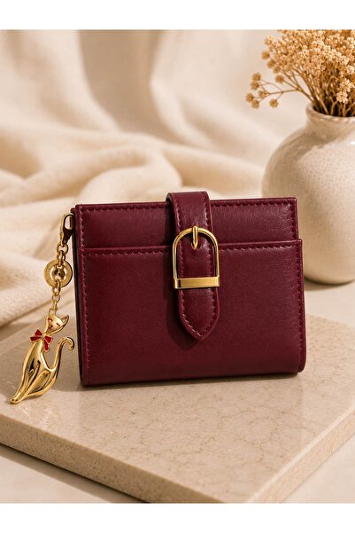 Bluenzo Luna Kedi Charm Detaylı Kadın Cüzdan – Bordo & Gold ❤️✨🐈