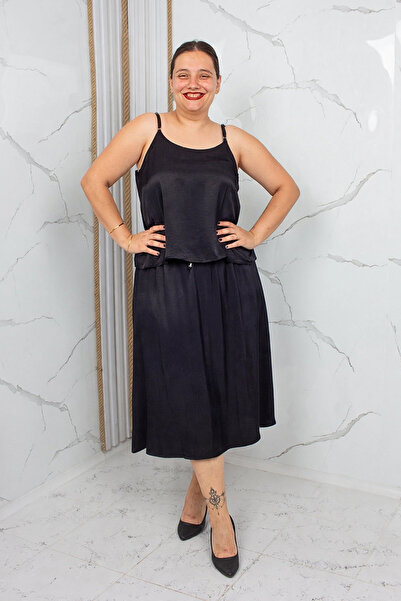 Truva XXL Plus Size Black Silk Satin Strap Blouse and Skirt Two-Piece Set
