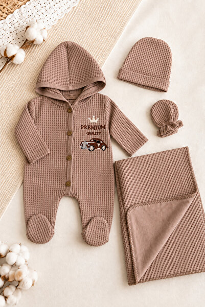 İZYALİF BABY Baby Boy Waffle Honeycomb Fabric Cotton 4-Piece Romper Set Inclu...