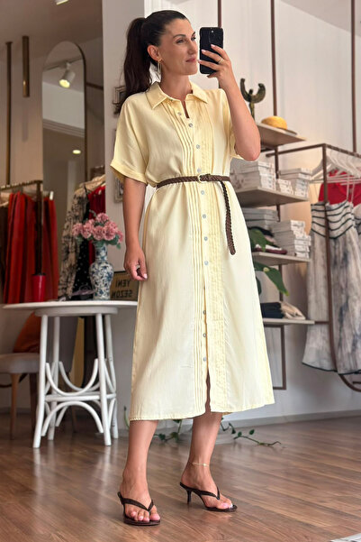 Unique Boutique Yellow Front Buttoned Midi Dress with Stitching Detail and Kn...