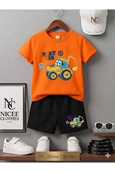 Leto Lykia Summer Children's T-Shirt Shorts Unisex (Yellow Tractor Printed)