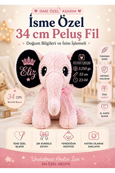 Genel Markalar İsme Özel 34 cm Peluş Fil – Kişiye Özel İsim ve Doğum Bilgili ...