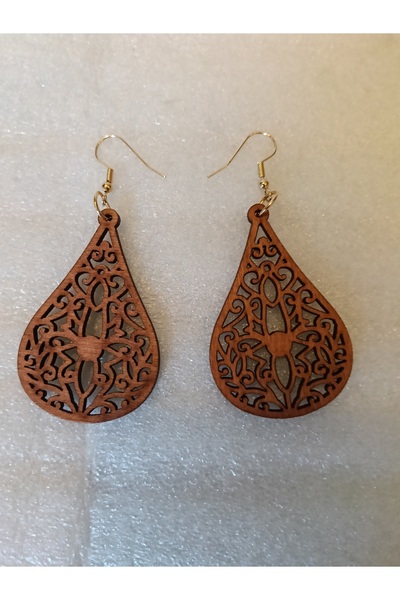 Butik Tülin Authentic Wood Balsa Wood Light Coffee Laser Cut Drop Dangle Earr...
