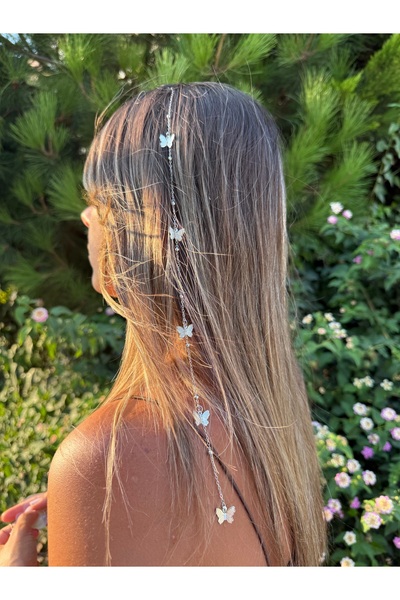 Tuysa Jewelry Kelebek Detaylı Zincirli Çıtçıtlı Saç Süsü-Saç Aksesuarı