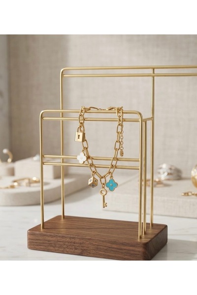 Hiis Store Kadın Gold Çelik Charm Bileklik - Kilit Anahtar Yonca Ve Çiçek Fig...
