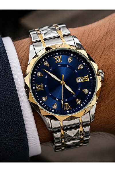 Weluxa Men's Wristwatch Silver-Gold Color Navy Blue Dial Luxury Design Steel ...