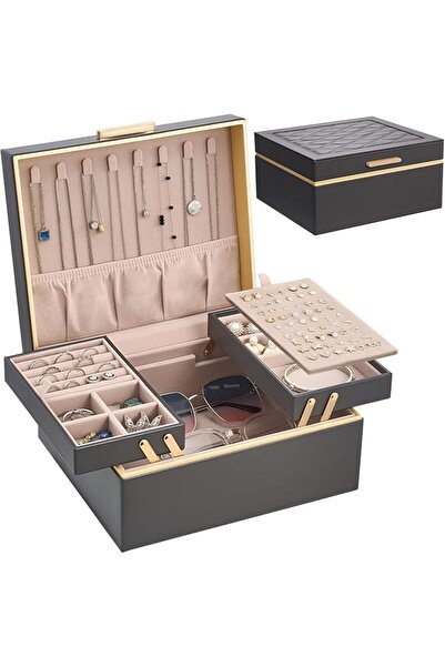 Lolalet 2-Layer Jewelry Box Organizer for Women, Large PU Leather Jewelry Cas...