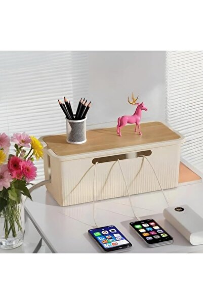 KASTWAVE صندوق إدارة الكابلات، منظم أسلاك كبير بتصميم خشبي وغطاء مع قفل آمن ل...